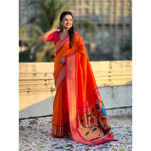 Sari Paithani de Seda Suave Naranja con Tejido Zari, Elegante Ropa de Fiesta India y Pakistaní de Elite Weaves, 650g, Verano/Invierno - Product Image 6