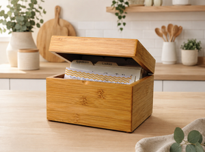 Boîte à cartes de recettes en bambou – Rangement carré élégant pour cartes de recettes, reçus et clés |   Organisateur de bureau en bambou naturel, cadeau idéal - Product Image 2