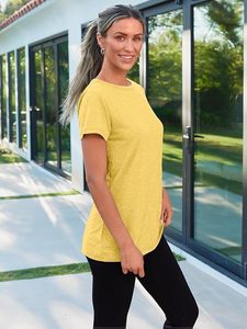 Camiseta de Punto de Algodón para Mujer, Cuello Redondo, Manga Corta, Corte Regular, Color Amarillo Sólido, Transpirable, Informal, para Primavera/Verano - Product Image 3