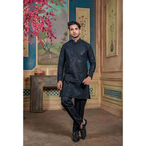DESIGNER ORGANZA SOIE BRODERIE SÉQUENCE TRAVAIL HOMME KURTA AVEC PAYJAMA NOIR - Product Image 1