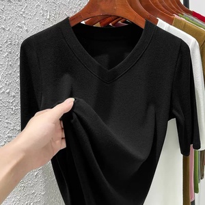 Camiseta Deportiva para Mujer, Corte Holgado, Ecológica, de Poliéster Oxford, Cuello en V, Transpirable, Tejido de Punto, Color Sólido, Diseño Simple - Product Image 1