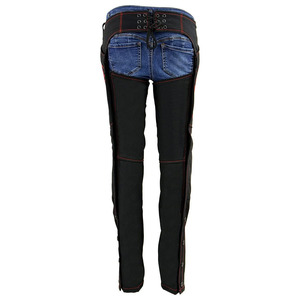 Chaps de moto pour femmes avec broderie rouge, en cuir noir, personnalisables, conception respirante sans couture pour toutes les saisons - Product Image 3
