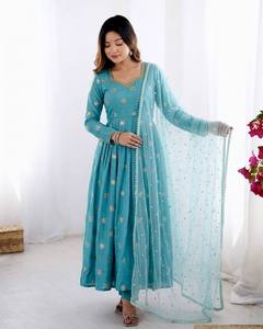 Ensemble de vêtements traditionnels indiens pakistanais pour femmes, Anarkali, brodé, long jusqu'au sol, bleu vert, Salwar Kameez avec Dupatta pour mariage - Product Image 3