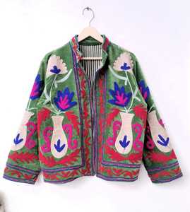 <b>Women's</b> Green Velvet <b>Embroidered</b> Floral <b>Jacket</b> Boho Zip Up Coat with Stand Collar <b>Women</b> Stand Collar <b>Jacket</b> Green Velvet Coat - Product Image 2
