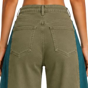 Vaqueros anchos de mujer en verde oliva y azul turquesa, de cintura alta, con paneles en contraste, pantalones de mezclilla, estilo casual y urbano. - Product Image 6
