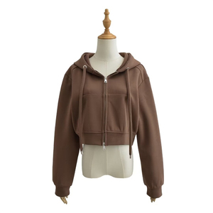 Women's Hooded <b>Zip</b>-<b>Up</b> <b>Crop</b> Hoodies Solid Color Long Sleeve Knitted Cotton Autumn Wear Hoodie Women - Product Image 3