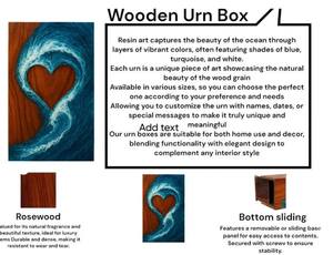 Urna de madera de nogal hecha a mano con recorte de corazón de resina con diseño de olas oceánicas, caja única para cenizas humanas, tamaño mediano 9x5.5 pulgadas. - Product Image 4