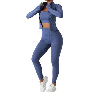 Premium Quality 3 Piece Crop Top <b>Set</b> Soft Elastic Workout Outfit With Sports Bra Leggings And Jacket For Gym Training Wear - Product Image 5