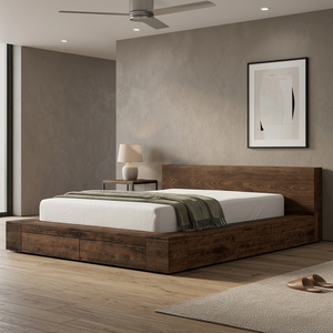 Linz Modern King <b>Platform</b> Soft <b>Bed</b> Frame Crafted From Solid Teak Wood with Spacious Built-in Drawers for a Warm Bedroom Feel - Product Image 1