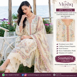 MUSHQ Bohemian 3PC Lawn Heavy Embroidered Sleeveless V-neck <b>Shirt</b> Chiffon Printed Dupatta Trouser for Spring/Summer - Product Image 5