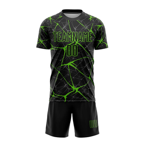 Sublimated <b>Soccer</b> Jersey Set Black Green Crack Pattern Crew Neck Short Sleeve Moisture Wicking Men's Adult Uniform - Product Image 1