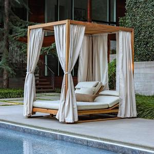 Cama Tumbona de Madera de Teca para Exteriores con Toldo y Cortinas para Piscina, Villa, Hotel, Patio - Product Image 1