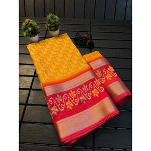ATTRACTIVE GEORGETTE SILK GOLD BORDER AVEC BANDHEJ ET LEHRIYA IMPRIMÉ TRAVAIL SAREE AVEC CHEMISIER NON COUDU JAUNE - Product Image 1