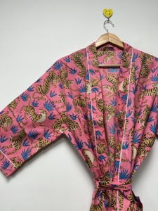 Indian Hand Printed Pink Women's <b>Kimono</b> Robe Sleepwear Casual <b>Beach</b> Wear Bathrobe Spring Summer 100% Cotton V-neck Drawstring - Product Image 1