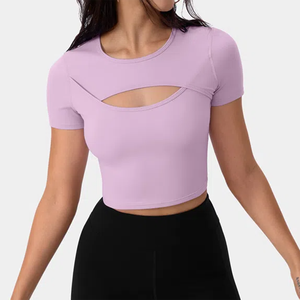 Top Corto de Punto Calado Color Durazno para Mujer, Manga Corta, Cuello Redondo, Corte Ajustado, Estilo Deportivo, para Primavera/Verano - Product Image 5
