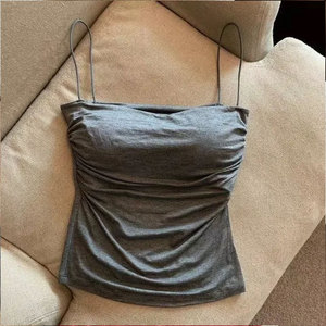 Débardeur court sans manches en satin de soie/coton écologique respirant pour femme, à fines bretelles, blanc uni, style coréen - Product Image 6