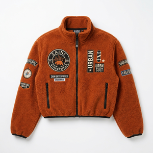 Women Crop Top Polar Fleece <b>Jacket</b> 320 GSM Sherpa Fleece Rust Brown Full Zip Custom Embroidery Woven Patch Logo Wear - Product Image 1