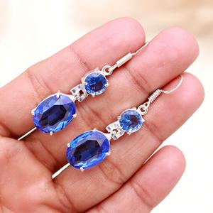 Natural Tanzanite Quartz 925 Sterling <b>Silver</b> Drop <b>Earrings</b>, Oval Faceted Blue Gemstone <b>Dangle</b> <b>Earrings</b>, Handmade Fine Jewelry - Product Image 1