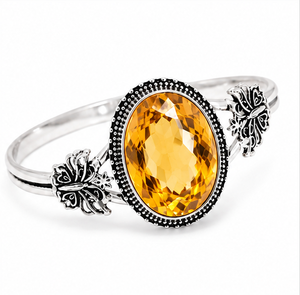 Citrine Sterling Silver Bangle, Oval Yellow Gemstone <b>Bracelet</b>, 925 Silver Statement Jewelry, Boho Gift for Women - Product Image 1