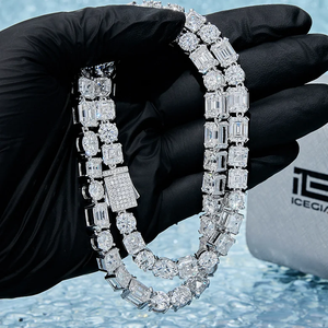 Men's Rhodium Plated 925 Silver Emerald Cut Moissanite <b>Tennis</b> <b>Necklace</b> Box Chain Luxury Everyday Wear - Product Image 2