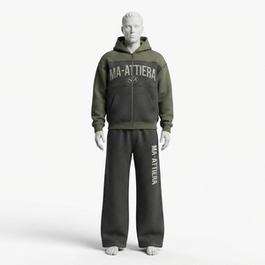 Mens Olive Green and Dark Gray <b>Zip</b> <b>Up</b> Hooded Tracksuit Set Color Block <b>Graphic</b> Print <b>Hoodie</b> and Jogger Pants - Product Image 3