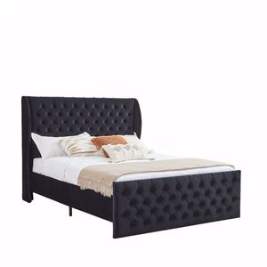 Lit Chesterfield vintage à dossier haut avec tête de lit capitonnée, revêtement en velours, assemblage facile, support en lattes de bois - Product Image 2