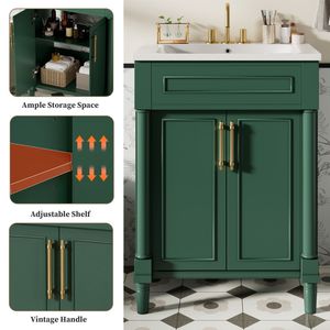 Mobile Bagno da 24 Pollici con Lavabo Singolo Integrato in Ceramica, Armadietto Bagno a 2 Ante, Dimensioni Piccole e Medie - Product Image 5