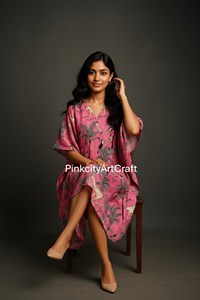 Pure Cotton Pink Tropical Animal Print <b>Kaftan</b> Dress Bohemian <b>Summer</b> Resort Wear Lounge Maxi for Women - Product Image 6