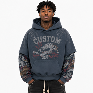 Sudadera con capucha oversize personalizada con pedrería, lavado ácido, manga con capas, gráfico de dragón, bordado vintage, estilo streetwear de moda - Product Image 2