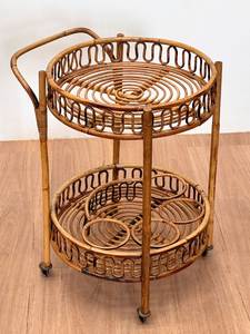 Luxury Natural Wicker Rattan <b>Serving</b> <b>Trolley</b> With Wooden Shelves For Dining And Hospitality Furniture Applications - Product Image 1