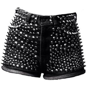 Short en cuir à taille haute avec clous et rivets, style punk, coupe classique, couleur unie, fermeture boutonnée - Product Image 4