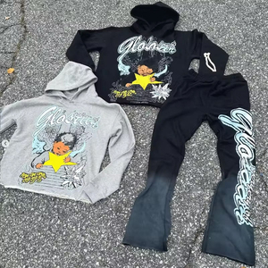 Ensemble sweat à capuche zippé et pantalon de jogging évasé personnalisable, en tissu épais, polyester/coton écologique, délavé à l'acide, pour l'hiver - Product Image 5