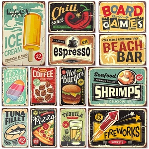 Metal <b>Wall</b> Signs Set 6Pcs Food Theme Kitchen Decor Rectangle Vintage Style Premium Quality Authentic American Pizza Hot - Product Image 2