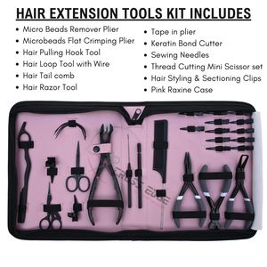 Juego de herramientas Microlink para extensiones de cabello con estuche rosa, que incluye alicates para remover microanillos, enhebrador de alambre, gancho y alicates para sellado de cinta. - Product Image 2