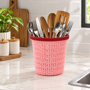 Cesta de Almacenamiento Redonda Multifuncional Apilable de Plástico con Diseño de Punto Rosa para Cubiertos, Vajilla, Baño, Sala de Estar y Más - Product Image 1