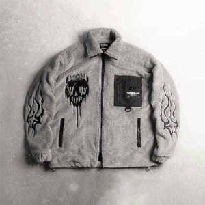 Men Techwear Grey Sherpa Fleece <b>Jacket</b> Tactical Streetwear Hip Hop Skull Graphic Embroidery Oversized Cyberpunk Winter Outwear - Product Image 4