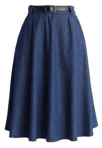 Jupe midi plissée en jean taille haute pour femme, coupe trapèze, unie, décontractée, en coton tissé, style ample, printemps - Product Image 5