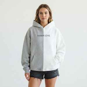 <b>Women</b> Gray <b>White</b> Color Block <b>Hoodie</b> Letter Print Drop Shoulder Pullover Sweatshirt - Product Image 3