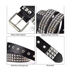 Cinturón Casual Negro de Cuero Vacuno con Tachuelas Estilo Punk, Hebilla de Aleación, Remaches Piramidales y Cadena de Diseño Cuadrado para Hombre y Mujer - Product Image 5