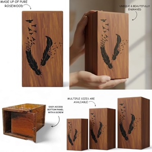 Urne funéraire artisanale en bois de rose de style américain avec gravure de plumes et d'oiseaux, écologique et durable, marron/noir/naturel - Product Image 3