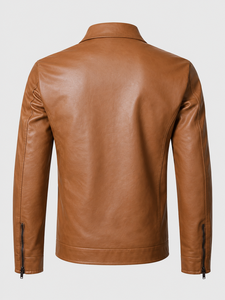 Veste en cuir marron vintage pour homme avec fermeture éclair sur le devant, col chemise, poches à rabat boutonnées et coupe décontractée classique - Product Image 2