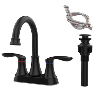 Rubinetto per lavabo da 4 pollici nero opaco con scarico a scomparsa e tubi di alimentazione per lavabi da bagno - Product Image 1