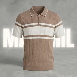 Camisa de punto trenzado con bloques de color y media cremallera para hombre |   Camiseta de Punto de Manga Corta, Secado Rápido, Color Blanco Marino |   Bordado 100% Algodón Personalizado - Product Image 2