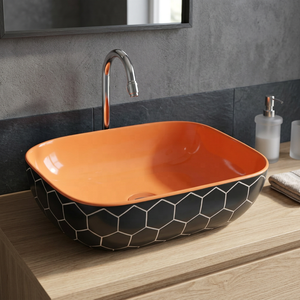 Lavabo de cerámica artístico moderno para encimera, pintado en rojo y negro, lavabo decorativo para baño. - Product Image 2