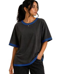 Black Blue Stripe Women Oversized T Shirt Casual Crew Neck Short Sleeve Contrast Trim Loose Fit Soft Breathable Summer <b>Top</b> - Product Image 1