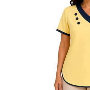 T-shirt asymétrique jaune citron pour femme, col en V, manches courtes, bordure contrastante marine, broderie florale, détails boutonnés, style décontracté, vente en gros - Product Image 3