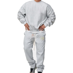 Ensemble de survêtement gris en coton pour homme – Sweat-shirt à col rond et pantalon à cordon de serrage – Couleur unie – Tenue décontractée d'automne – Coupe droite longueur pleine - Product Image 3