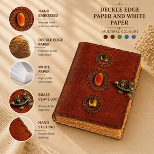 Diario de Cuero Grabado con Piedras Antiguas Hecho a Mano, Cuaderno de Gemas Vintage, Páginas Antiguas, Diario de Viaje y Escritura - Product Image 3