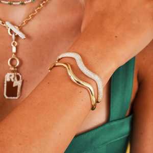 Diamond Wavy Bangle 6.25" Double Security Lock Classic Luxury Modern Cuff <b>Bracelets</b> Round Cut Lab Grown 14K <b>Solid</b> Gold Wholesale - Product Image 6