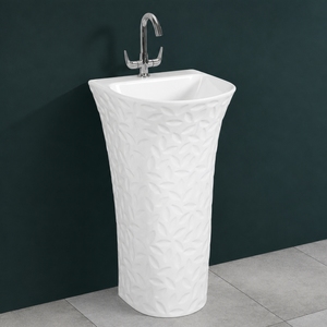 Lavabo sur pied Porsche-Z de forme irrégulière, chrome gaufré, avec drain, lavabo de salle de bain contemporain, robinet à levier monotrou - Product Image 3
